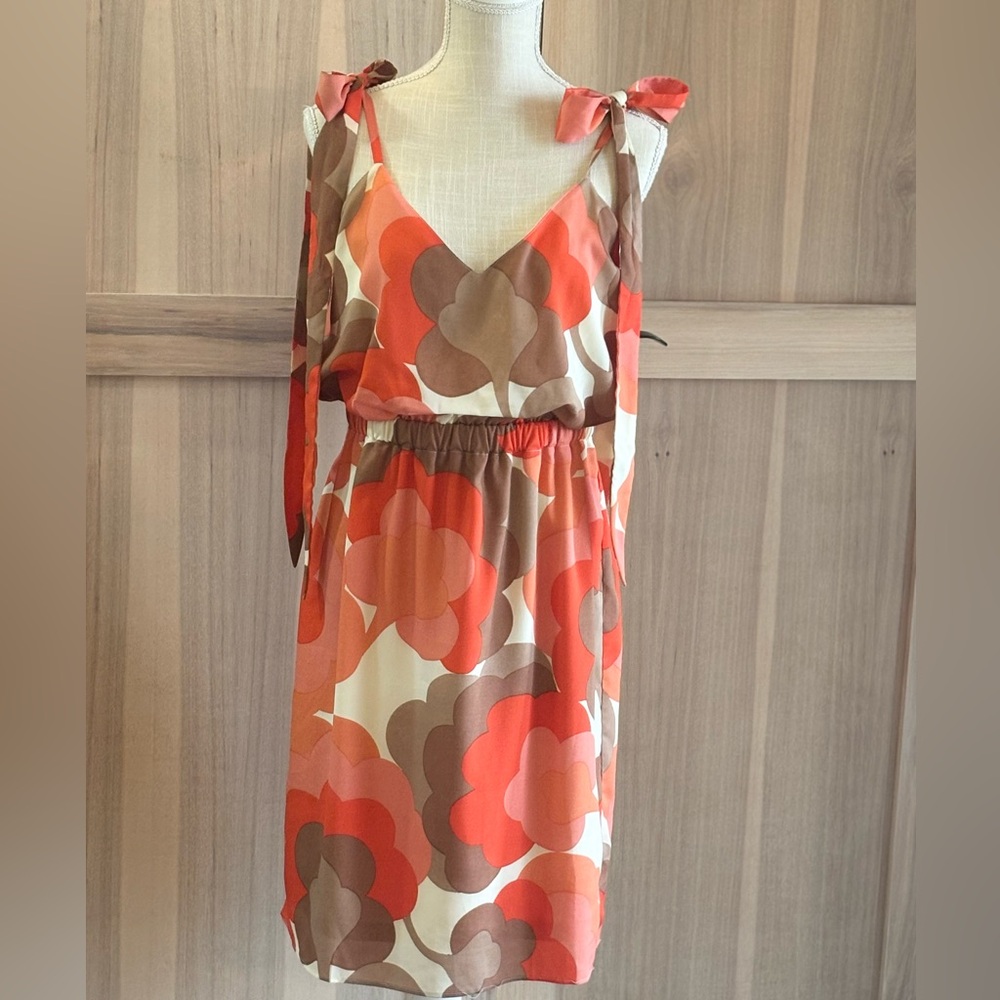 Judith March Floral Midi Dress. Women’s Sz-L Tie Straps. Cream | Taupe | Salmon